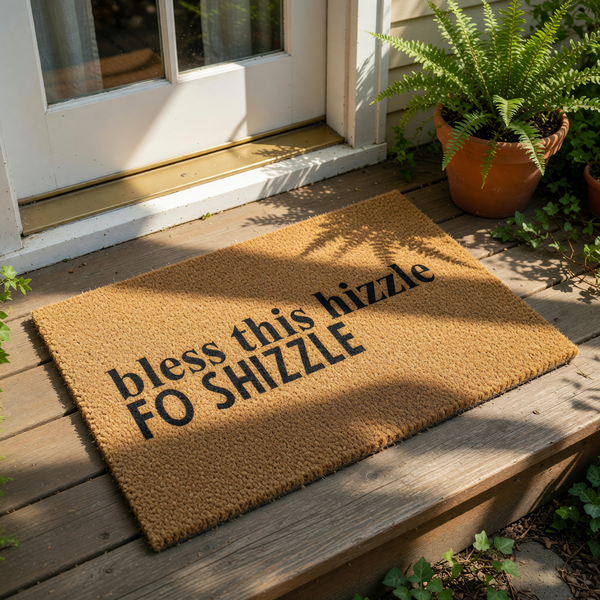 Funny doormat with humorous text bless this hizzle fo shizzle printed in black on a natural coir fiber welcome mat, perfect for a front porch entry or housewarming decor that adds a touch of personality to your home entrance.
