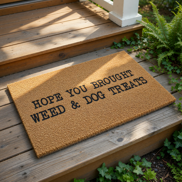 Funny doormat with the text Hope You Brought Weed and Dog Treats printed in black on a natural brown coir fiber welcome mat, perfect for a humorous front porch entry or a unique housewarming decor piece for pet and cannabis