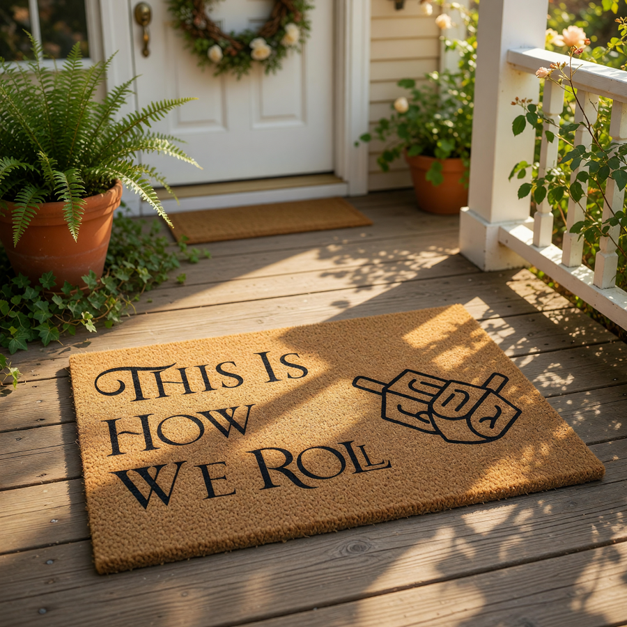 Funny Hanukkah doormat featuring a spinning top graphic and the text This Is How We Roll, a natural coir fiber welcome mat for your front porch that makes a humorous holiday home decor piece for Jewish celebrations and winter