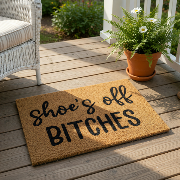 Funny shoe's off BITCHES doormat made of natural coir fiber, featuring bold black text on a textured brown background for a cheeky entryway welcome mat that serves as a humorous housewarming gift for a modern home or apartment