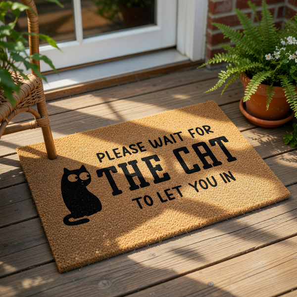 Funny cat doormat with a cute black cat illustration and the text Please Wait For The Cat To Let You In, featuring a natural coir fiber welcome mat design that is a humorous front porch decor piece for any cat lover home entrance.