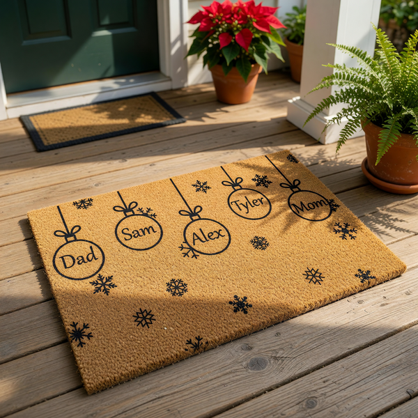 Personalized Mom and Dad Christmas doormat featuring hanging ornament designs with family names and snowflakes on a natural coir welcome mat, perfect for holiday home decor and festive entryway floor mats for the winter season.