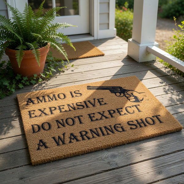 Funny doormat with a revolver graphic and the text Ammo Is Expensive Do Not Expect A Warning Shot, this natural coir fiber welcome mat makes a humorous front porch decor piece for gun owners and home security enthusiasts alike.