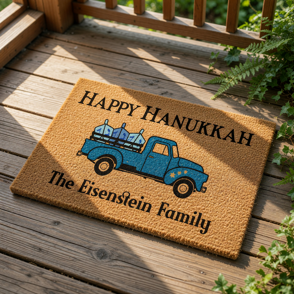 Personalized Hanukkah doormat featuring a blue vintage truck carrying holiday symbols on a natural coir welcome mat, perfect for festive front porch decor and custom family name entry rugs for the winter holiday season.