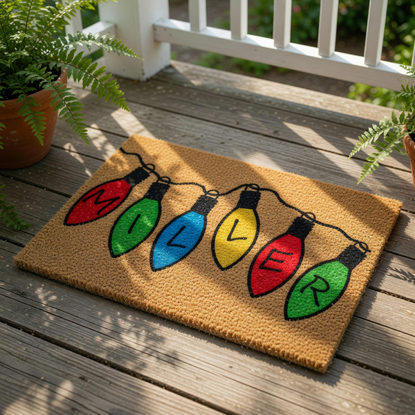 Personalized Christmas doormat featuring colorful holiday light bulbs on a natural coir welcome mat, perfect for festive home decor.