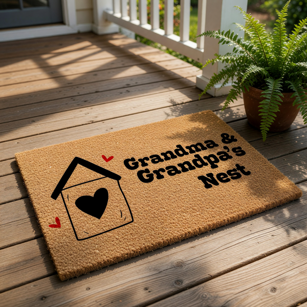 Grandma and Grandpa's Nest doormat featuring a cute house illustration with hearts on a natural coir fiber welcome mat, making a sweet personalized home decor piece for a grandparent's front porch or entryway floor entrance.