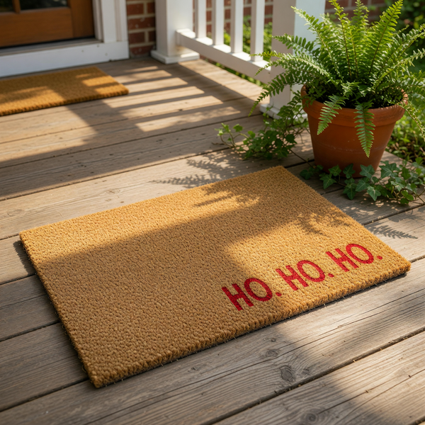 Ho Ho Ho Christmas doormat featuring a natural coir fiber texture with bold red lettering, this festive holiday welcome mat is a durable outdoor floor rug for your front porch decor during the winter season and holiday home entry.