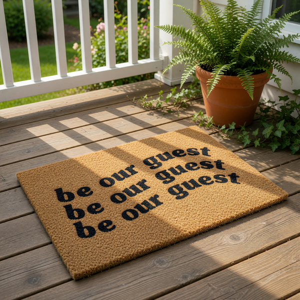 Be Our Guest coir doormat with black text on a natural fiber welcome mat, perfect for front porch decor or entryway floor mats, featuring a repeating typography design on a durable outdoor rug for home entrance and housewarming.