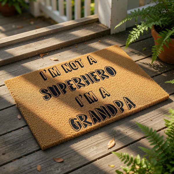 Grandpa doormat with funny quote I am not a superhero I am a Grandpa, featuring bold black text on a natural coir fiber welcome mat, perfect for a front porch entry or home decor for a funny grandfather who loves humorous house