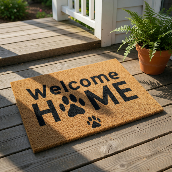 Welcome Home dog paw print doormat made of natural coir fiber, featuring a black printed design with a paw print replacing the letter O, perfect for a pet lover front porch entry rug or a housewarming gift for dog owners.