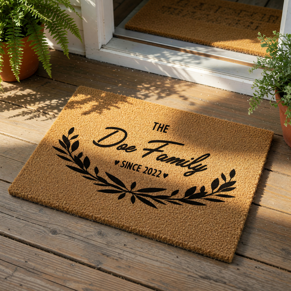 Personalized family name doormat featuring a natural coir fiber texture with black printed text and a decorative leaf wreath design, making this custom welcome mat a stylish housewarming decor piece for your front porch entrance.