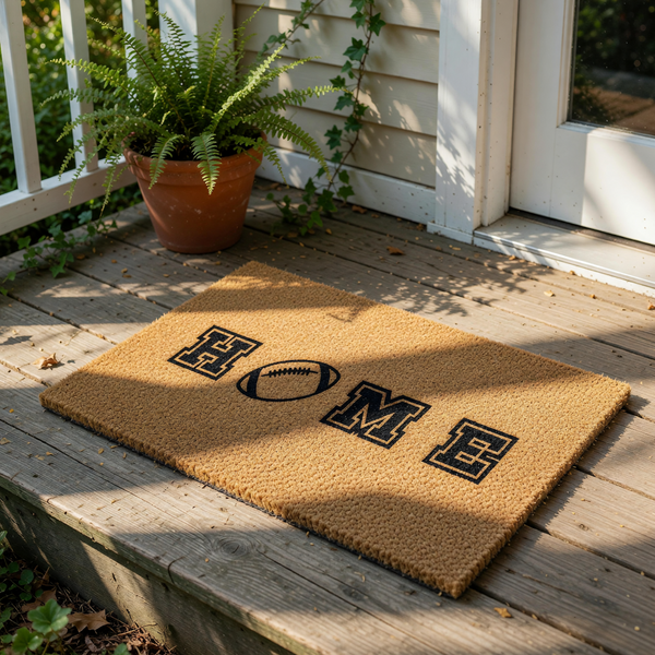 Football home doormat featuring a sports themed design with a brown coir texture, perfect for a front porch entrance or housewarming decor for fans who love football season and want a durable outdoor welcome mat for their home