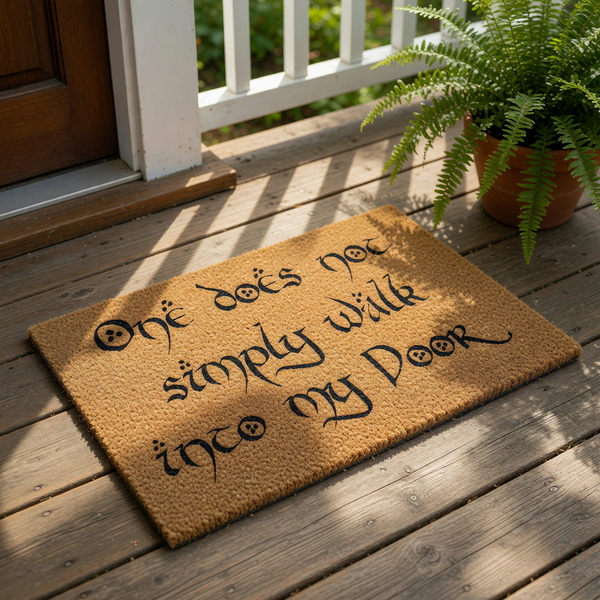 Funny fantasy movie quote doormat featuring natural coir fiber material with black text that reads One does not simply walk into my door, a stylish welcome mat for home entryways that makes a great housewarming gift for movie