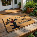 Cartoon cat welcome doormat featuring a black cat illustration and the text Greetings And Salutations, this natural coir fiber entry mat is a funny front porch rug for cat lovers and home decor enthusiasts seeking a unique