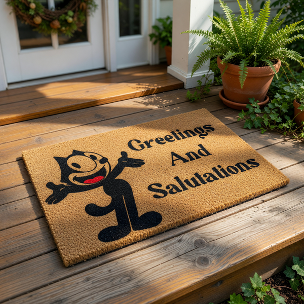 Cartoon cat welcome doormat featuring a black cat illustration and the text Greetings And Salutations, this natural coir fiber entry mat is a funny front porch rug for cat lovers and home decor enthusiasts seeking a unique