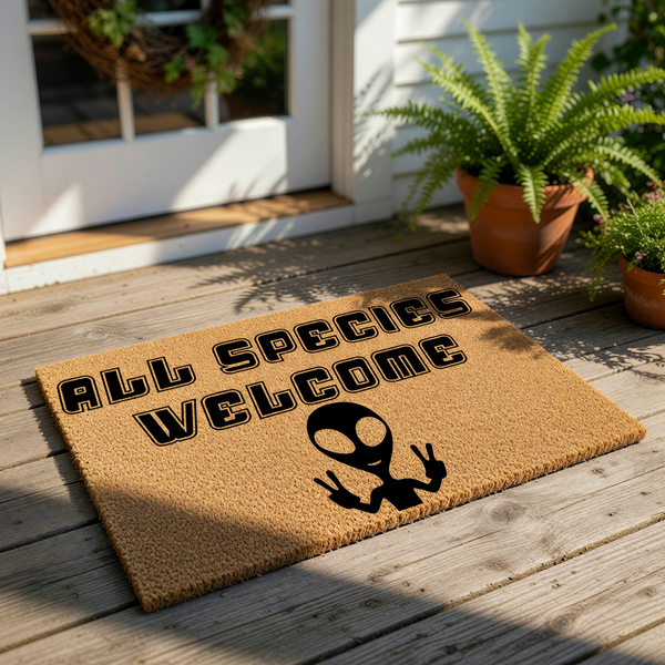 All Species Welcome alien doormat featuring a funny extraterrestrial graphic with peace signs, this natural coir fiber welcome mat is a quirky front porch decor piece for sci-fi fans and space enthusiasts looking for unique home