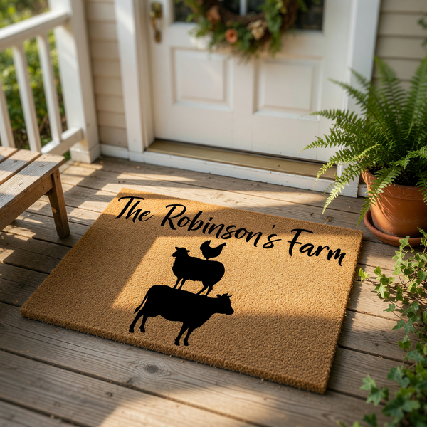 Personalized farm doormat featuring a cow, sheep, and chicken stack design on natural coir fiber, perfect as a custom outdoor welcome mat for a farmhouse porch or rustic home entrance with a family name printed in black script.