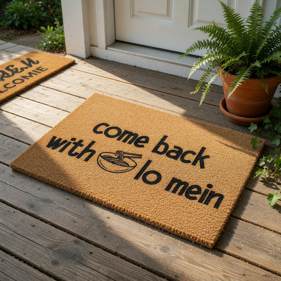 Funny Lo Mein doormat with a humorous quote for food lovers, featuring a natural coir fiber welcome mat design that says come back with lo mein, perfect for a front porch, entryway, or apartment door decor for noodle fans.