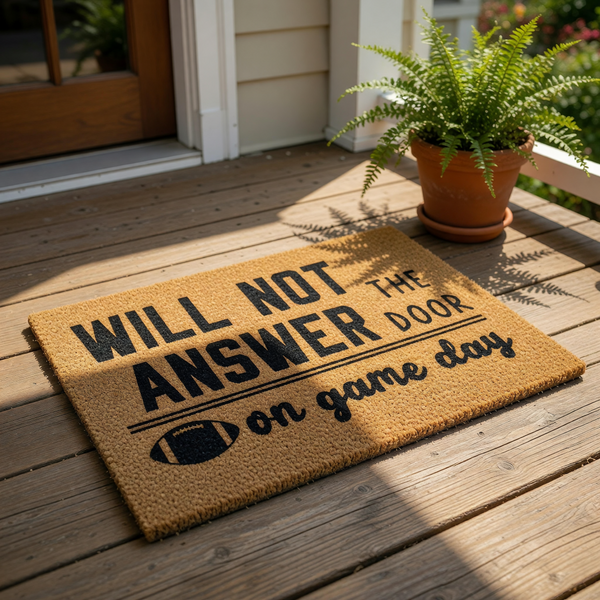 Football game day doormat with natural coir texture and black text reading Will Not Answer The Door On Game Day, a funny sports welcome mat for front porch entryways that is perfect for football fans and home decor enthusiasts.