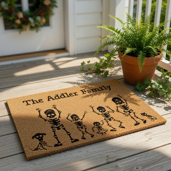 Personalized skeleton family doormat featuring a custom family name, this spooky Halloween welcome mat displays a group of cartoon skeletons with a dog and cat, making it a fun outdoor floor rug for your home entrance decor.