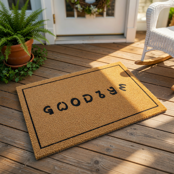 Funny Goodbye doormat for front porch entry, featuring a natural coir fiber welcome mat with a bold black border and the word Goodbye printed in a playful, rounded font for a humorous home decor statement at your front door