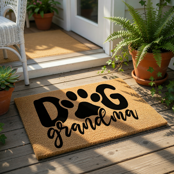 Grandma dog lover doormat featuring a paw print design on a natural coir welcome mat, perfect for a pet owner front porch entry.