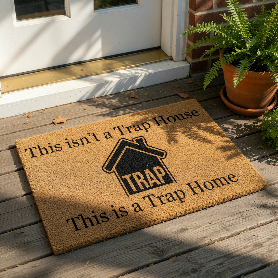Funny Trap Home coir doormat with a house graphic and bold text that reads This isn't a Trap House This is a Trap Home, making this natural fiber welcome mat a humorous front porch decor choice for any modern or urban apartment