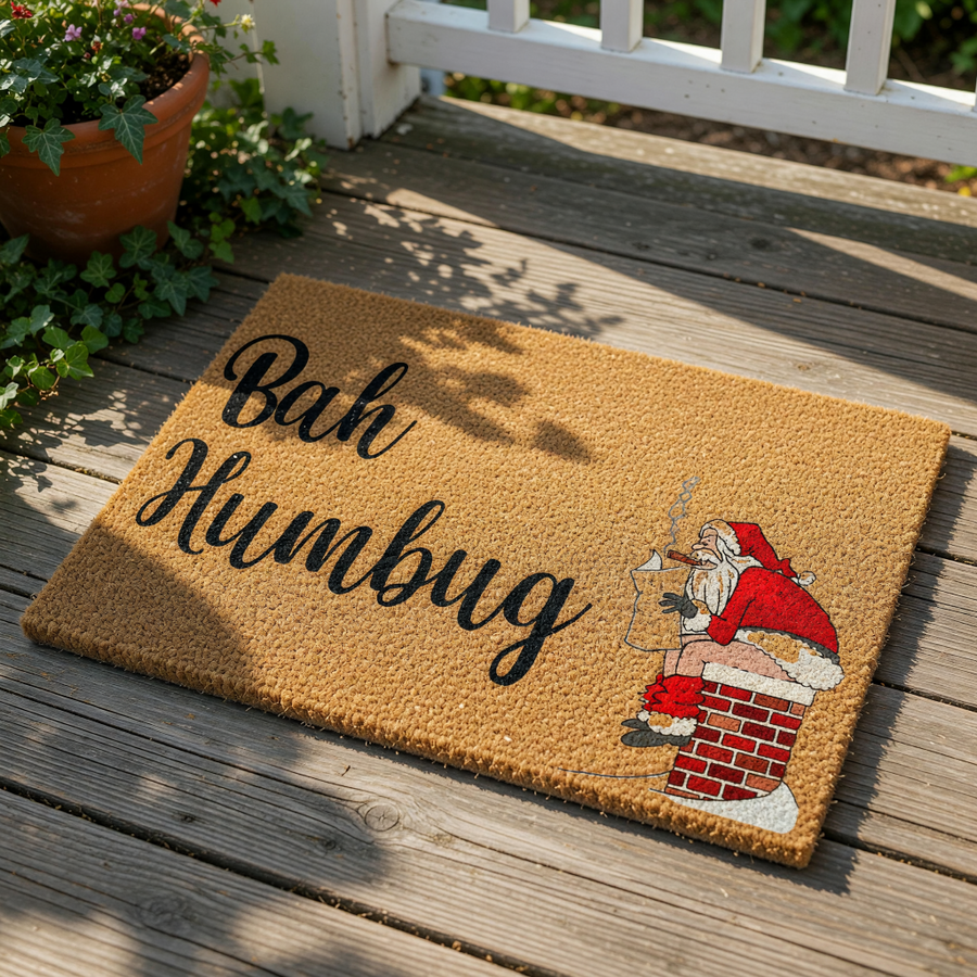 Bah Humbug Christmas doormat featuring a funny illustration of a man in a red suit sitting on a chimney while smoking, this natural coir welcome mat is a humorous holiday floor rug for your front porch or entryway decor.