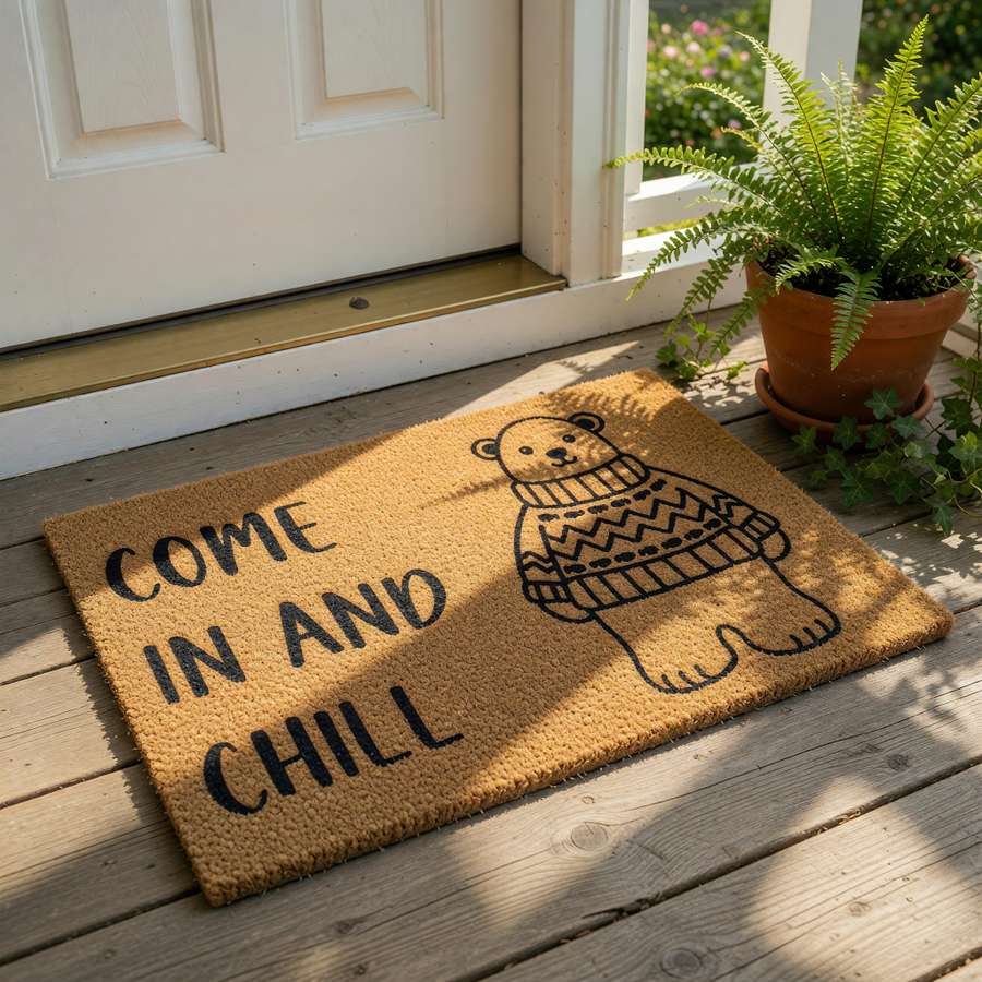 Bear welcome doormat with a cute illustration of a bear wearing a cozy sweater, featuring the text Come In And Chill on a natural coir fiber mat, perfect for a funny front porch rug or a decorative entryway floor mat for your