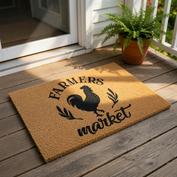 Farmers Market coir doormat featuring a black rooster silhouette and rustic farmhouse typography, this durable outdoor welcome mat is perfect for a country home entrance, porch decor, or a farm-themed front door entryway floor