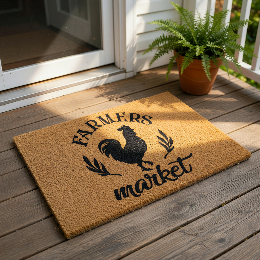 Farmers Market coir doormat featuring a black rooster silhouette and rustic farmhouse typography, this durable outdoor welcome mat is perfect for a country home entrance, porch decor, or a farm-themed front door entryway floor
