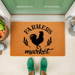 Farmers Market rooster doormat featuring a black silhouette of a rooster on a natural coir welcome mat, perfect for farmhouse porch decor, rustic entryway rugs, or country home outdoor floor mats for a front door entrance.