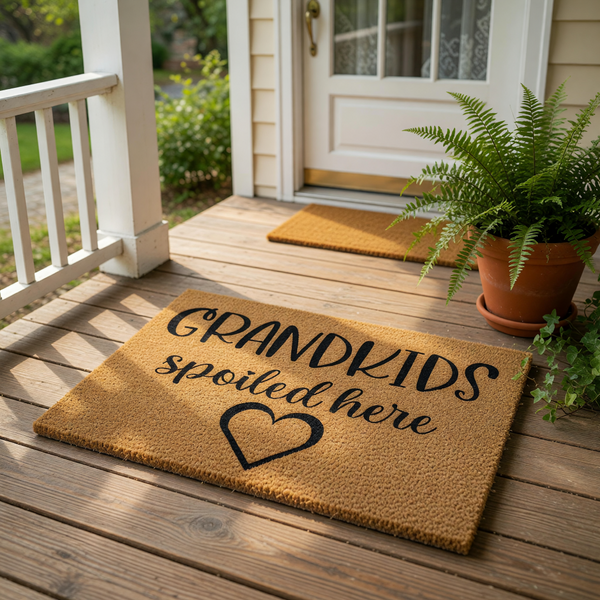 Grandkids Spoiled Here doormat with a heart design, this natural coir fiber welcome mat features bold black text and is a fun front porch decor piece for a grandparent home, making a cute housewarming or entryway floor rug gift.