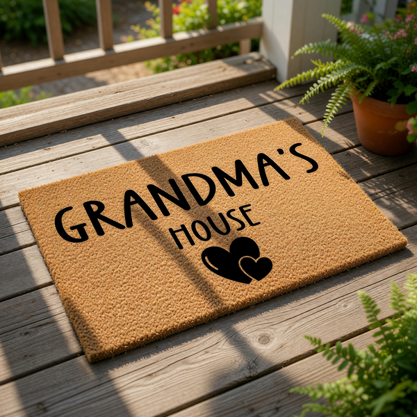 Grandma's House coir doormat featuring black text and a heart design on a natural fiber welcome mat, perfect for a front porch entry or home decor gift for a grandmother who loves a stylish and functional outdoor floor rug.