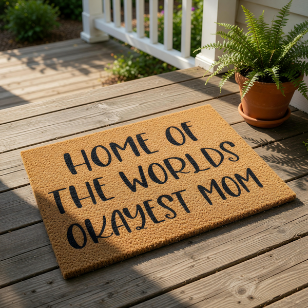 Funny Mom doormat featuring the text Home of the Worlds Okayest Mom in black lettering on a natural coir fiber welcome mat, a humorous front door rug for a mother that makes a great housewarming or birthday present for any home