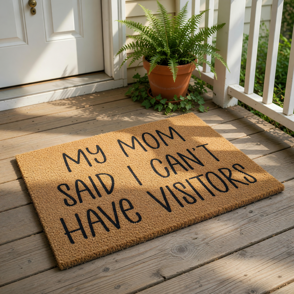 Funny Mom doormat with the text My Mom Said I Can't Have Visitors printed in black on a natural coir fiber welcome mat, perfect for a humorous front porch entrance or a quirky housewarming home decor gift for any mother.
