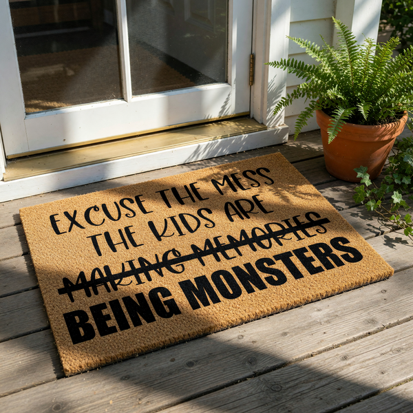 Funny coir doormat with the text Excuse the mess the kids are making memories being monsters, a humorous welcome mat for parents that features a crossed-out phrase and bold black lettering on a natural brown fiber floor rug.