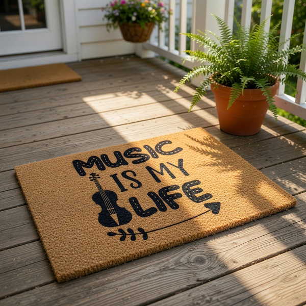 Music Is My Life doormat featuring a violin silhouette and arrow design on natural coir fiber, this durable outdoor welcome mat is a fun musical home decor piece for musicians, music teachers, and any music lover front porch