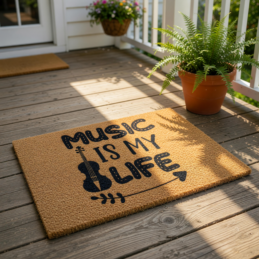 Music Is My Life doormat featuring a violin silhouette and arrow design on natural coir fiber, this durable outdoor welcome mat is a fun musical home decor piece for musicians, music teachers, and any music lover front porch