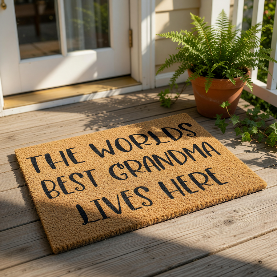 Worlds Best Grandma Lives Here coir doormat, a natural fiber welcome mat for front porch entryways featuring bold black text on a textured brown surface, making a fun home decor piece for a grandmother who loves her house.