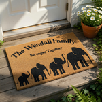 Personalized family name coir doormat featuring a black elephant herd silhouette design and the text Stronger Together, making this custom outdoor welcome mat a durable and stylish entrance decor piece for any home front porch.