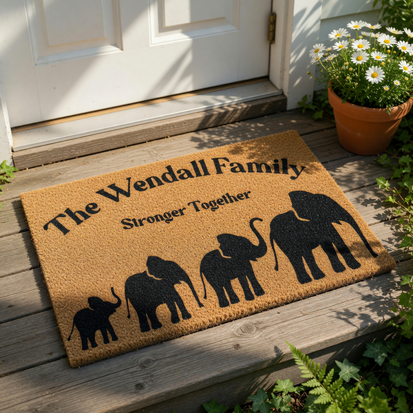Personalized family name coir doormat featuring a black elephant herd silhouette design and the text Stronger Together, making this custom outdoor welcome mat a durable and stylish entrance decor piece for any home front porch.