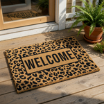 Leopard print welcome doormat featuring a bold animal pattern and a central rectangular box with the word Welcome in black text, perfect for a stylish front porch entry, outdoor floor mat, or home decor entrance rug for your