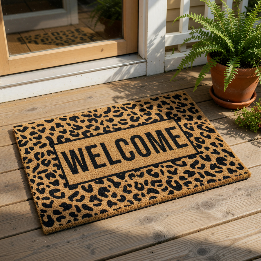 Leopard print welcome doormat featuring a bold animal pattern and a central rectangular box with the word Welcome in black text, perfect for a stylish front porch entry, outdoor floor mat, or home decor entrance rug for your