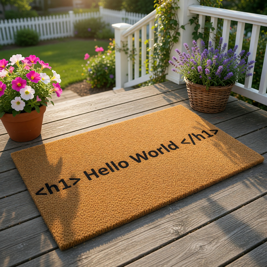Coder welcome doormat with Hello World text on a natural coir fiber mat, placed on a front porch with potted flowers, making a funny housewarming entry rug for software developers, programmers, and tech enthusiasts who love