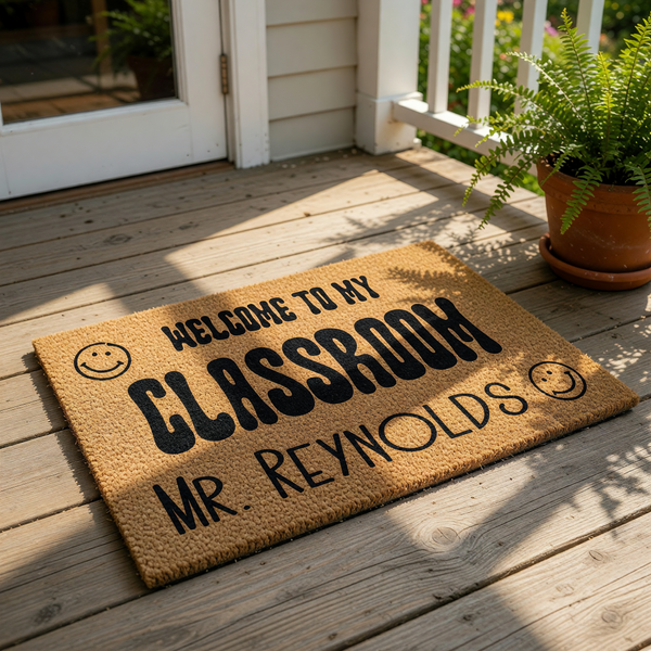 Personalized teacher classroom doormat made of natural coir fiber, featuring a fun smiley face design and custom text for a school entrance, perfect as a teacher appreciation welcome mat for a classroom door or school office