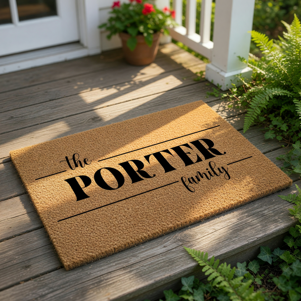 Personalized family name doormat featuring a natural coir fiber texture with bold black text that reads the family name, making this custom welcome mat a stylish housewarming decor piece for your front porch or entryway floor.