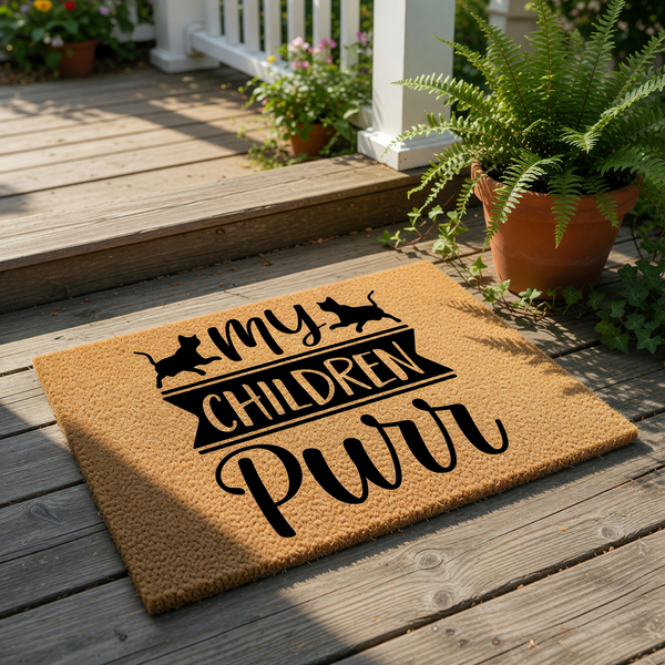 My Children Purr cat lover doormat featuring black silhouettes of two cats and bold text on a natural coir fiber welcome mat, perfect for a pet owner home entrance or as a funny housewarming decor piece for any cat mom or cat dad.
