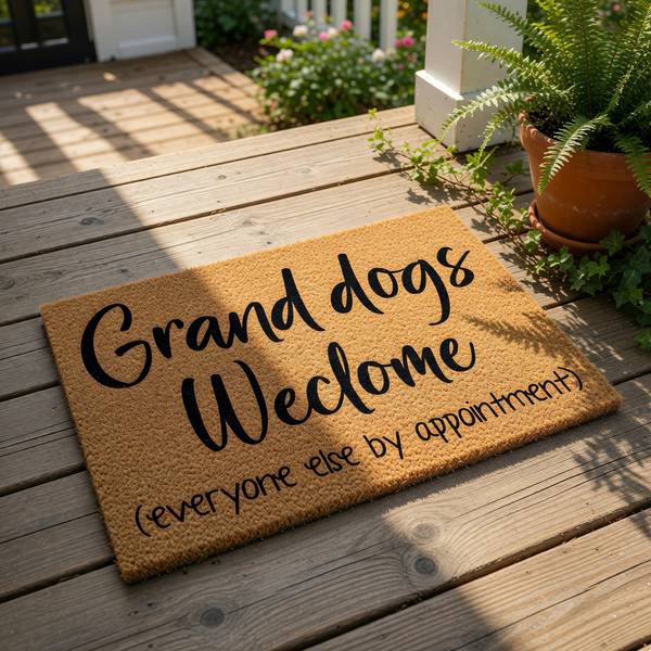 Grand dogs welcome doormat with funny pet quote, this natural coir fiber welcome mat features black text for dog lovers and pet owners, a humorous front porch rug for home decor that says everyone else by appointment only.