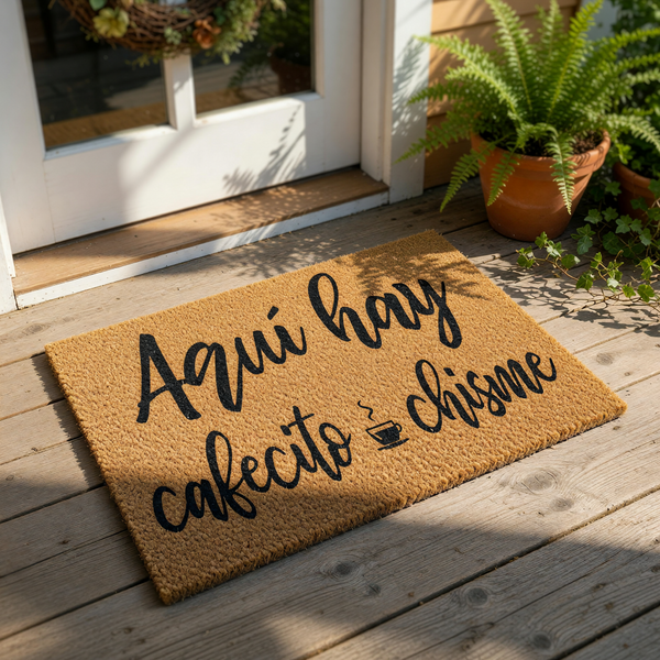 A wooden door with a yellow door mat that says "Aquí hay café cubió chisme" (Spanish for "Here is coffee").